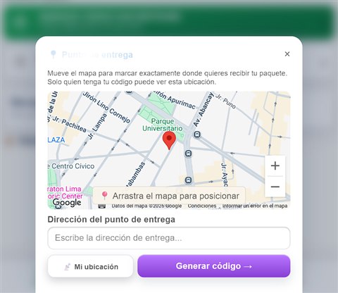 Pantalla real de la App: el destinatario marca su punto de entrega en el mapa y toca Generar código