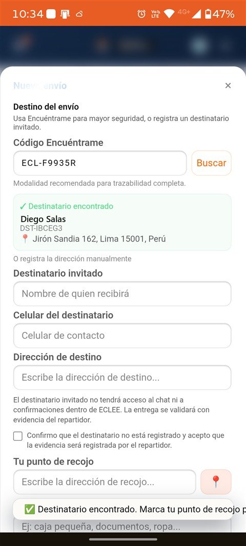 Pantalla real de la App: destinatario vinculado con Encuéntrame