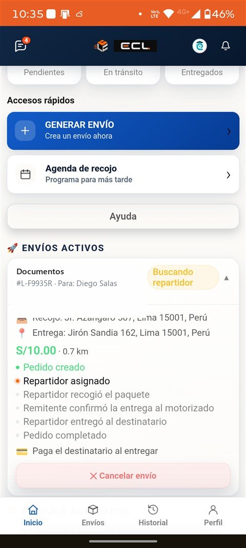 Pantalla real de la App: envío en curso con checklist de 5 pasos