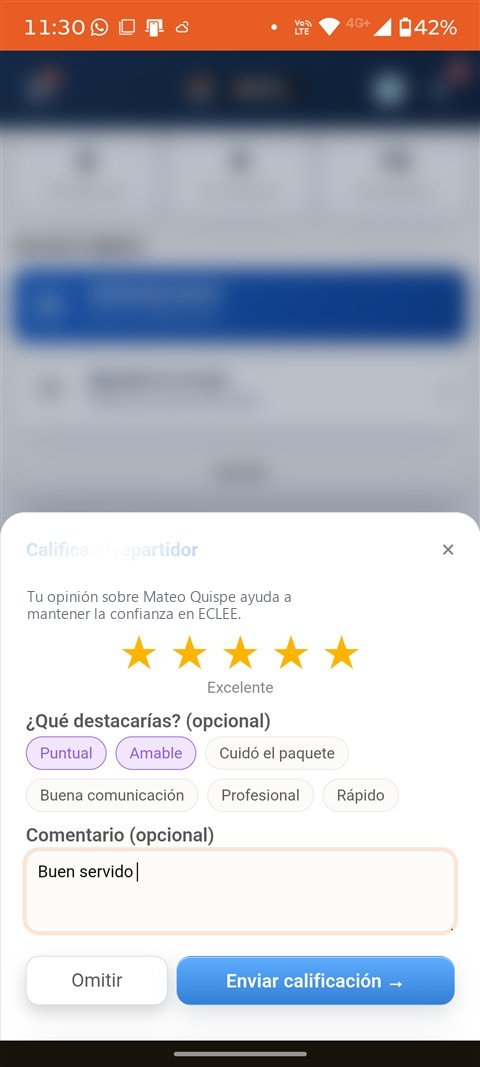 Pantalla real de la App: pedido completado, calificar al repartidor